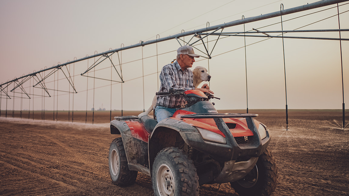 Sieto Mellema and his dog checking the crop sprinklers.