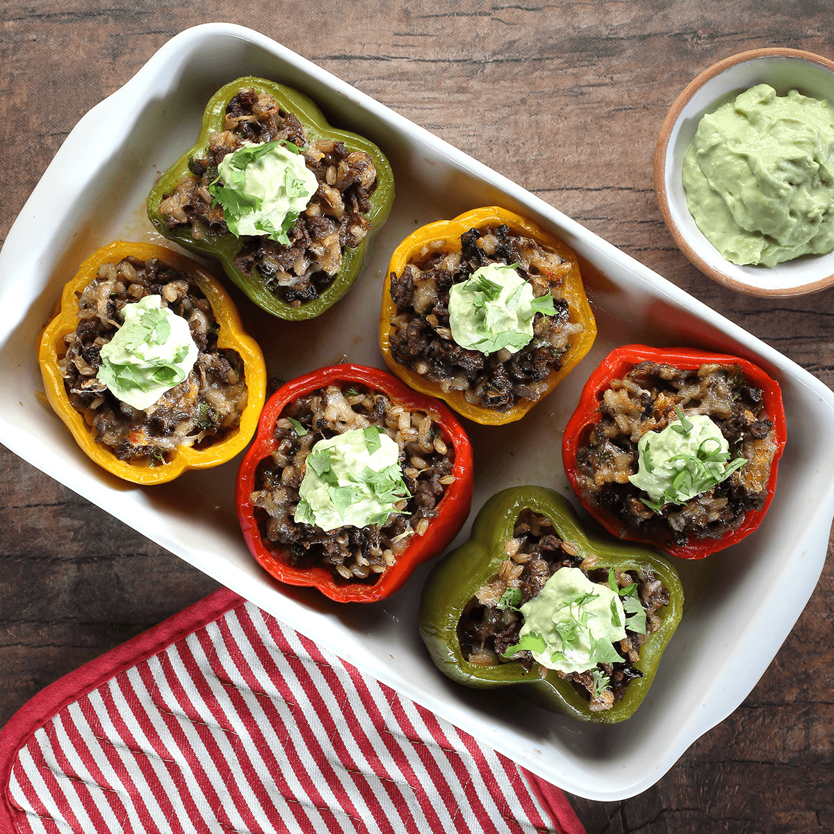 Barley Beef-Stuffed Peppers with Avocado Cream